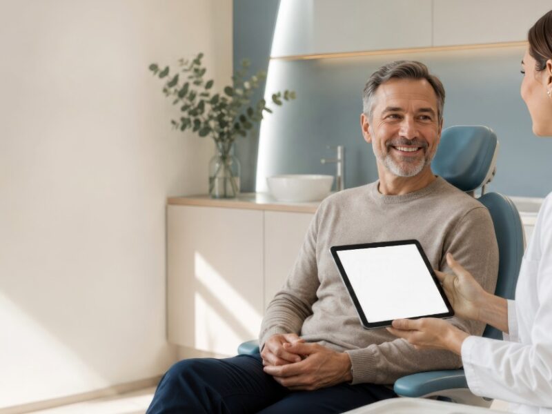 Dental consultation between dentist holding ipad and patient